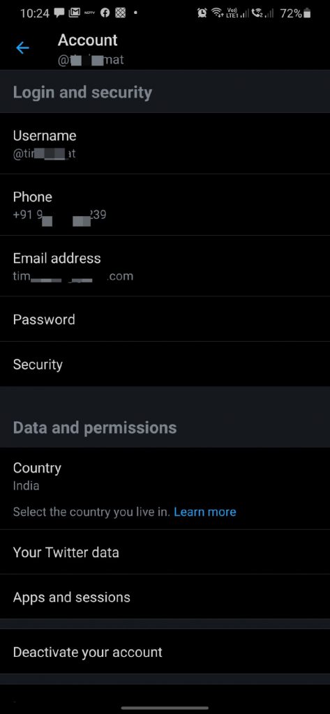 Twitter app settings