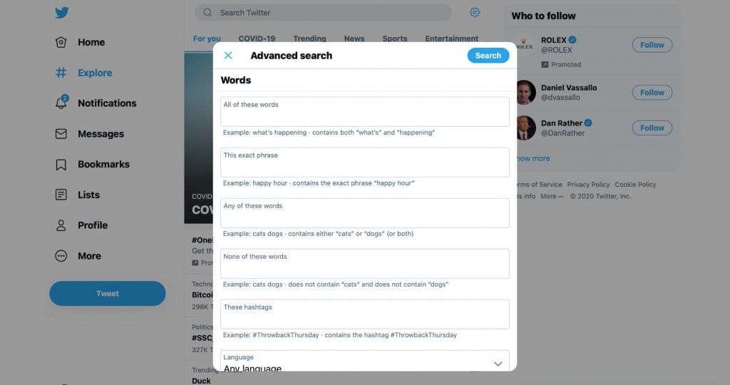 Twitter Advanced seach words fields