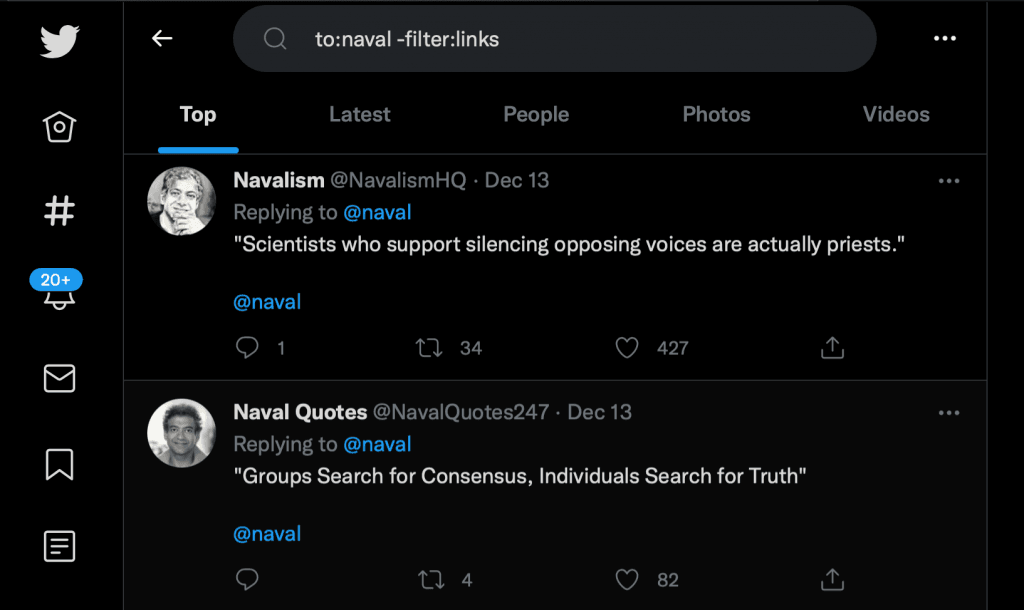 Search Tweets with no Links